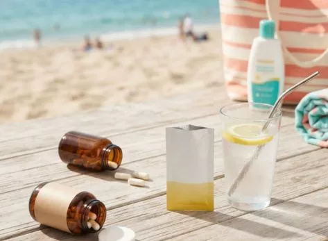 Flat-lay of summer best supplements including electrolyte powder, magnesium capsules, and hydration drink for the best supplements for summer guide