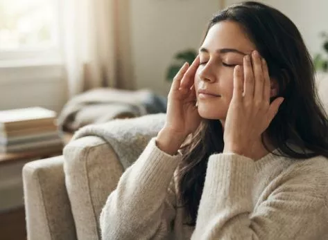 Person holding their temples experiencing migraine relief